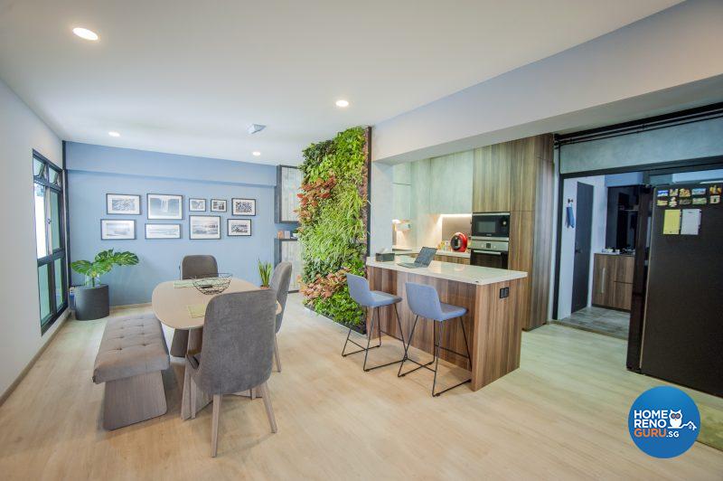 The soothing entry and dining space is dominated by the vibrant pop of green from the vertical garden