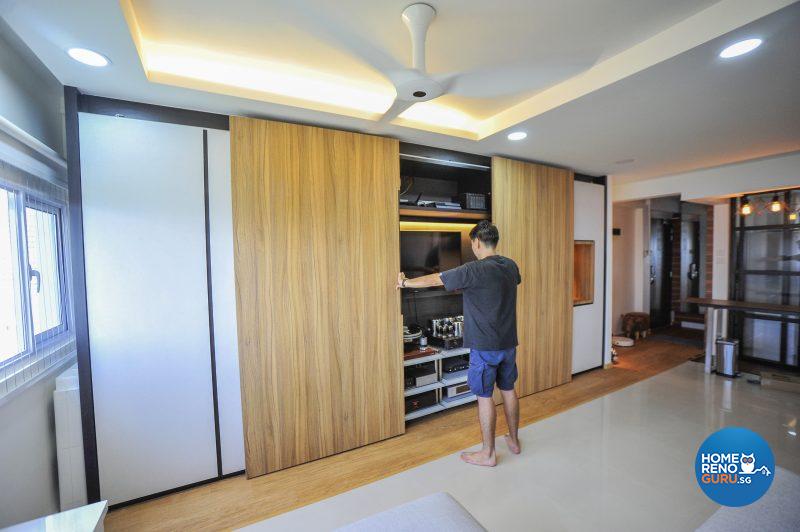 Jeff’s audio-visual equipment is housed behind discreet sliding panels