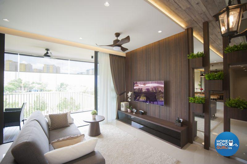 A wooden TV console and warm lighting create a homely and welcoming environment