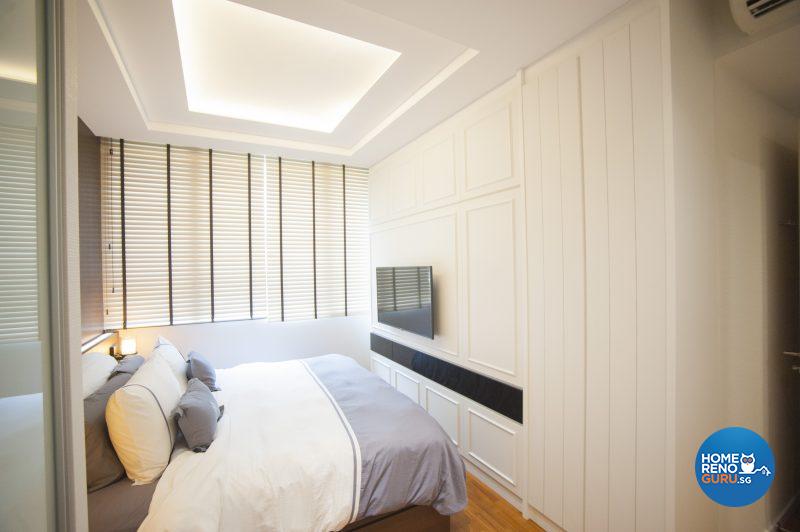 The beautifully illuminated master bedroom conceals an abundance of storage space and a built-in dresser