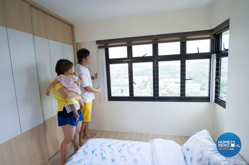 A raised platform in the master bedroom accommodates more concealed storage