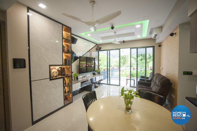 The living area gets the ‘wow factor’ from colour-changing LED ceiling lights