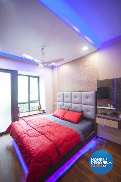 Stunning lighting effects in the master bedroom pair downlights with colour-changing LED cove lights