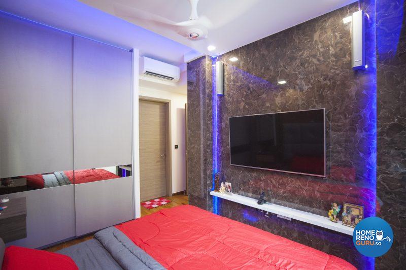 Stunning lighting effects in the master bedroom pair downlights with colour-changing LED cove lights