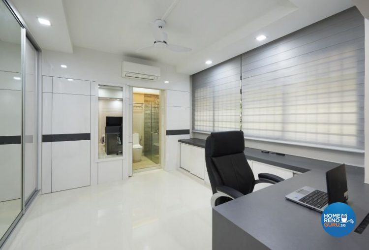 Black and white study room design with aircon
