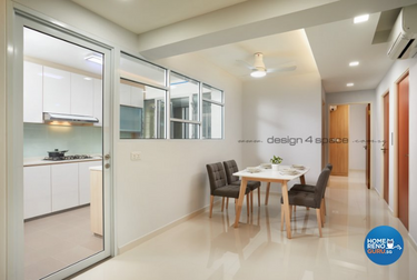 Scandinavian dining area with glass door