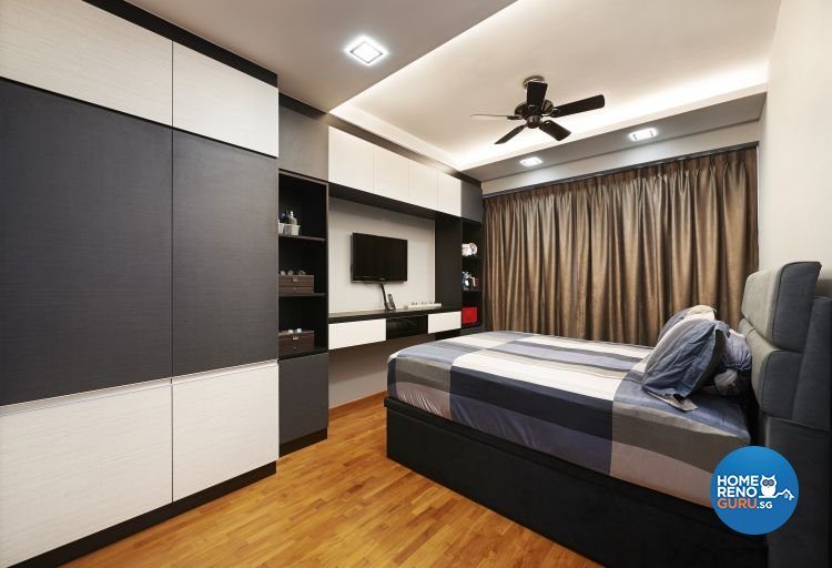 Bedroom with grey and white wardrobe, wall-mounted tv and single bed