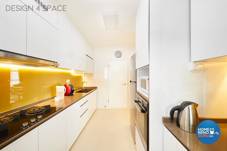 Kitchen with white furniture and shelves and yellow backsplash