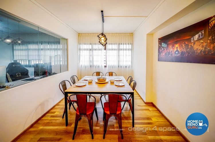 Brown dining table, red chairs and square hanging lights