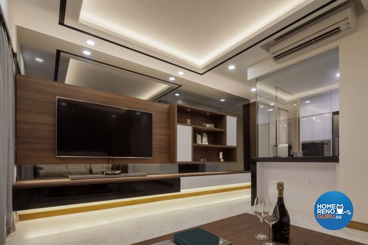 Wall-mounted tv, brown table, tv panel and shelves