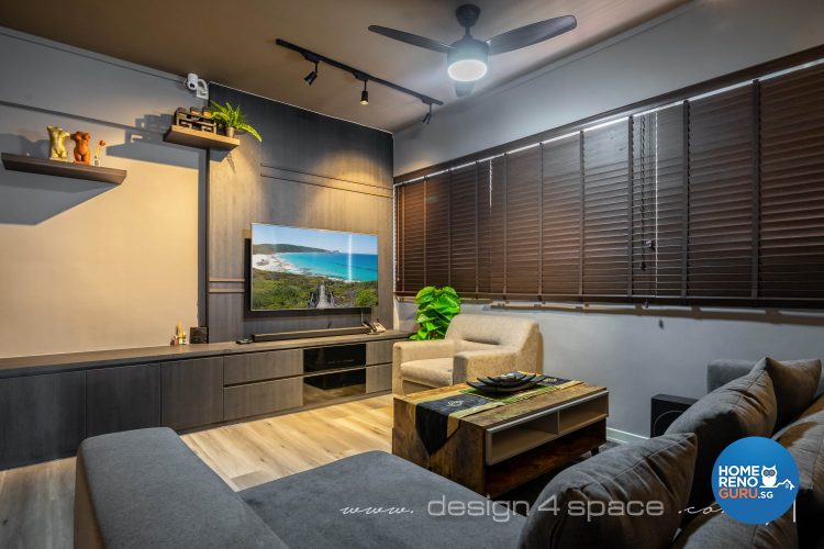 Grey walls and sofa, brown blinds and wall-mounted tv