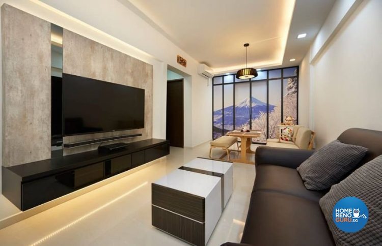 Wall-mounted tv with white and brown coffee table and brown sofa