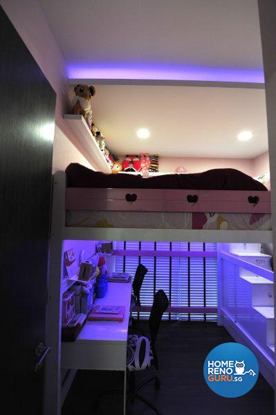 Desks are pragmatically placed under the upper bunk bed