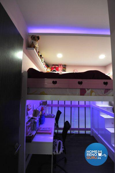 Desks are pragmatically placed under the upper bunk bed