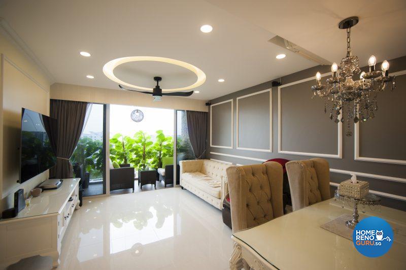 Elegant grey panelling with white beading and a classic baby chandelier set the Victorian theme in the living area