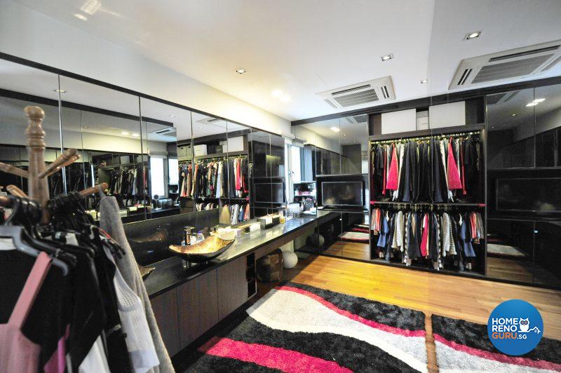 The walk-in wardrobe and dressing room spans the width of the master bedroom