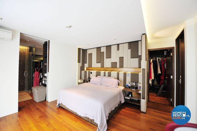 The master bedroom, flanked by a double entrance to the walk-in wardrobe and dressing room