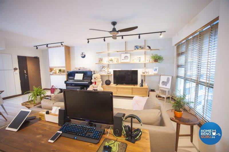 View from the back of the living area, at the loosely configured study area