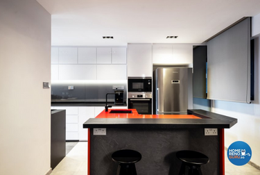 Maisonette kitchen with bright red countertop
