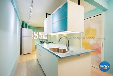 Blue floating cabinets above the kitchen island