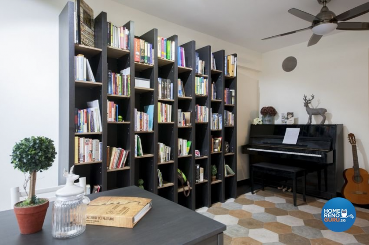 Living room with Scandinavian style, piano and bookshelf