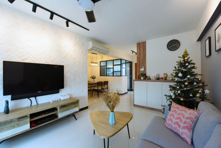 Scandinavian theme living room with Christmas tree in a corner