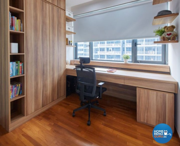 Study table beside bay window