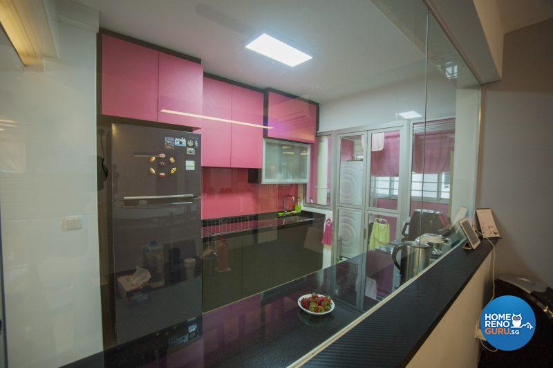 Overhead cabinets and splashback in Cindy’s favourite coral pink 