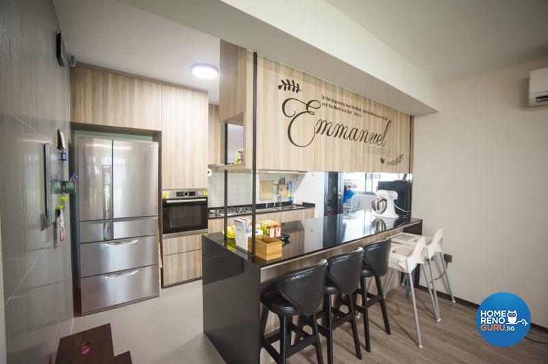 The kitchen counter facilitates family interaction