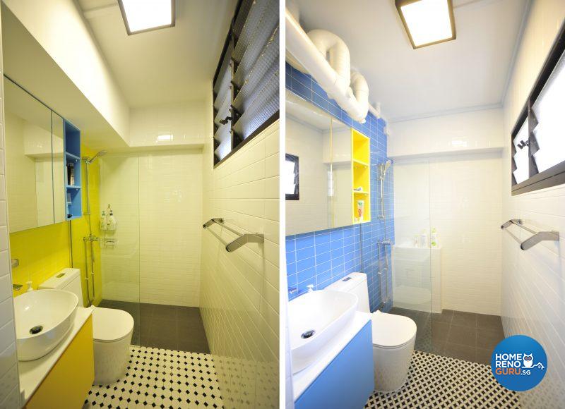 The common bathroom and the master bedroom are more or less identical twins – only the allocation of the blue and yellow has been swapped!