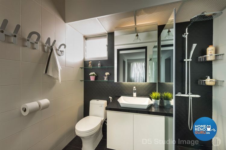 Bathroom with wall-mounted racks and glass shelves 