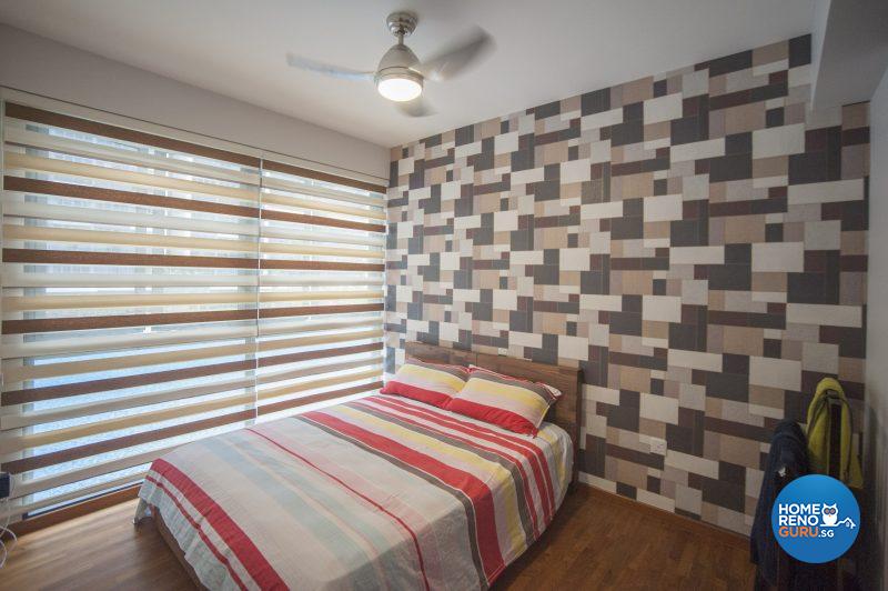 The feature wall in the master bedroom pairs multiple shades of brown with an eye-catching geometrical pattern