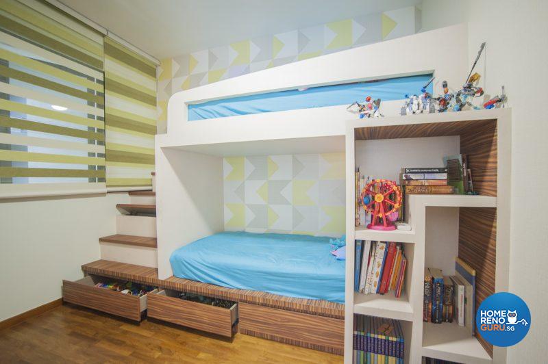 The boys’ bedroom includes handy concealed storage space under the stairs to the upper bunk bed