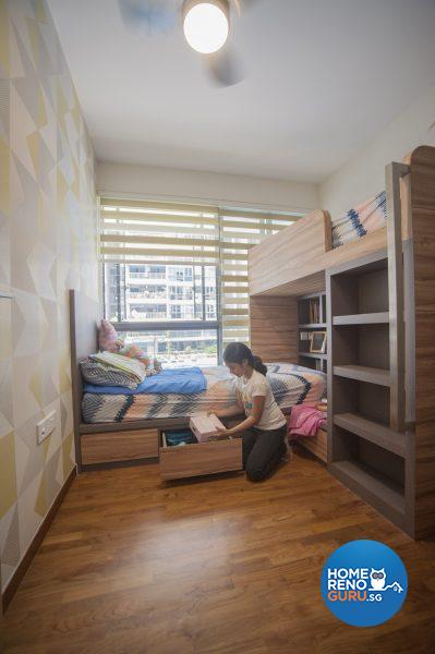 The girls’ room features concealed storage under the bed and a groovy retro wallpaper