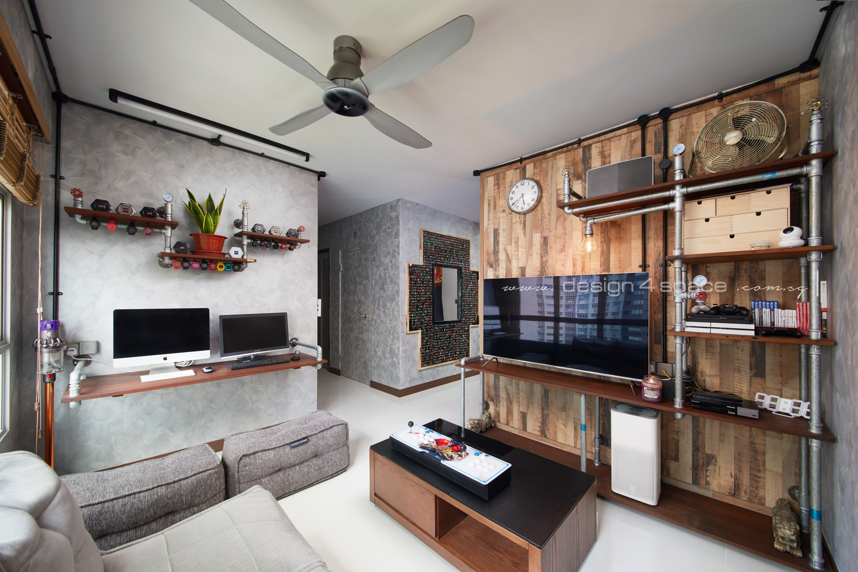 Industrial, Retro Design - Living Room - HDB 3 Room - Design by Design 4 Space Pte Ltd